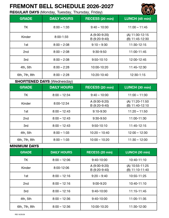 2026-2027 Fremont Bell Schedule Featured Photo