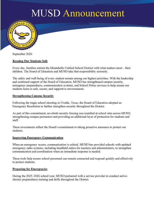 Keeping our students safe communication