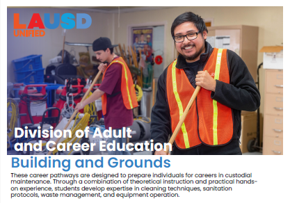 Building and Grounds students wearing safety equipment and cleaning the floor in a classroom
