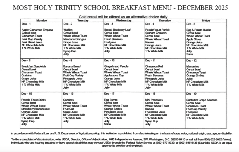 DECEMBER BREAKFAST & LUNCH MENUS