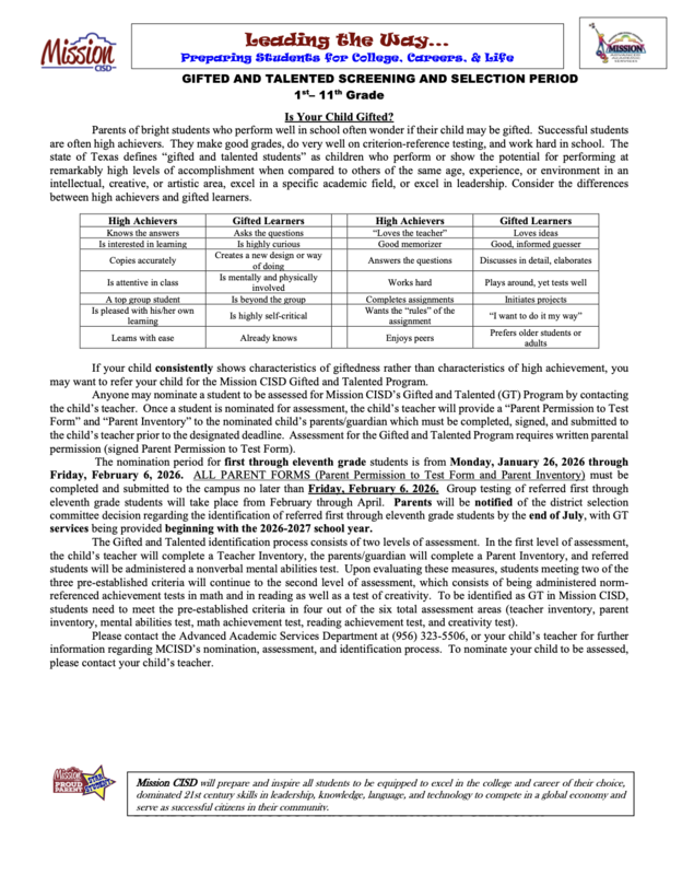 Parent GT Nominations 1st - 5th Grade Featured Photo