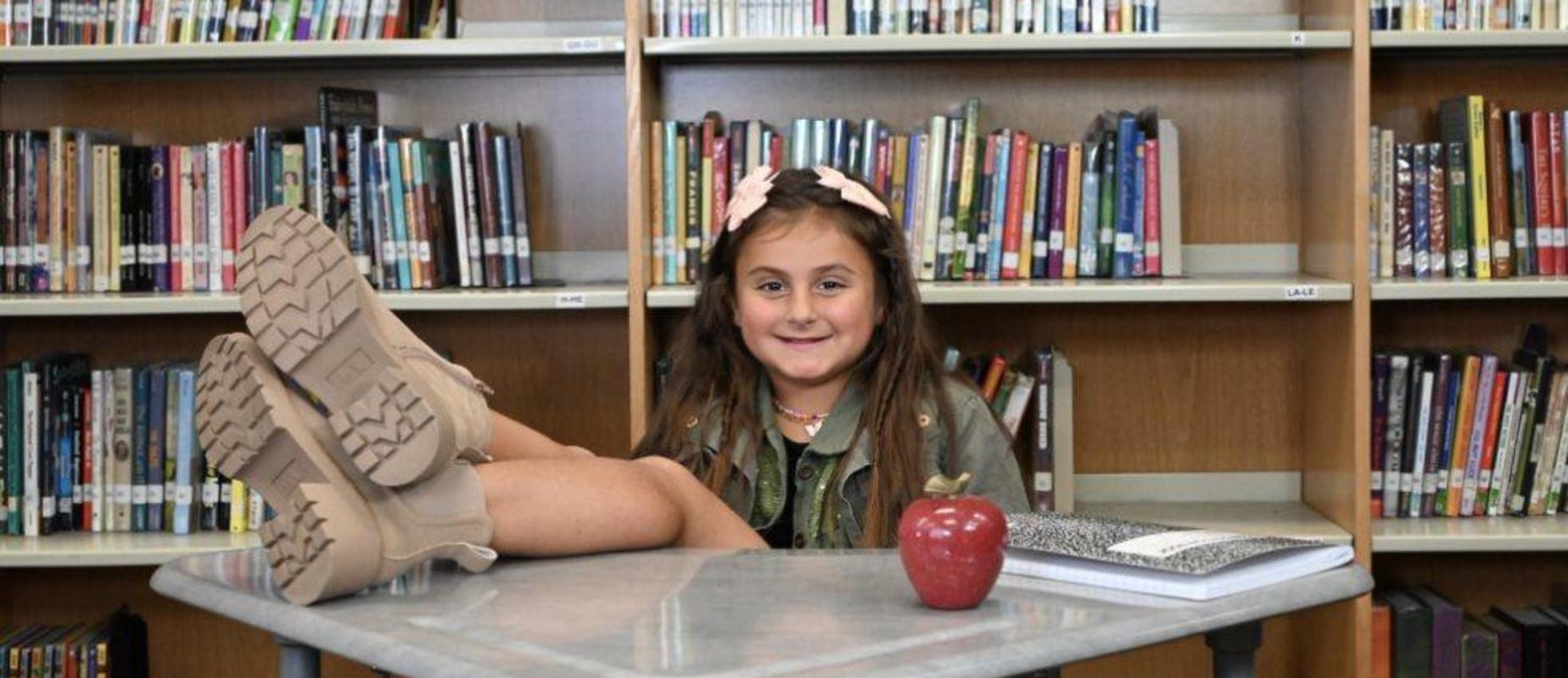 Elementary Picture Day - Books, desk and an apple