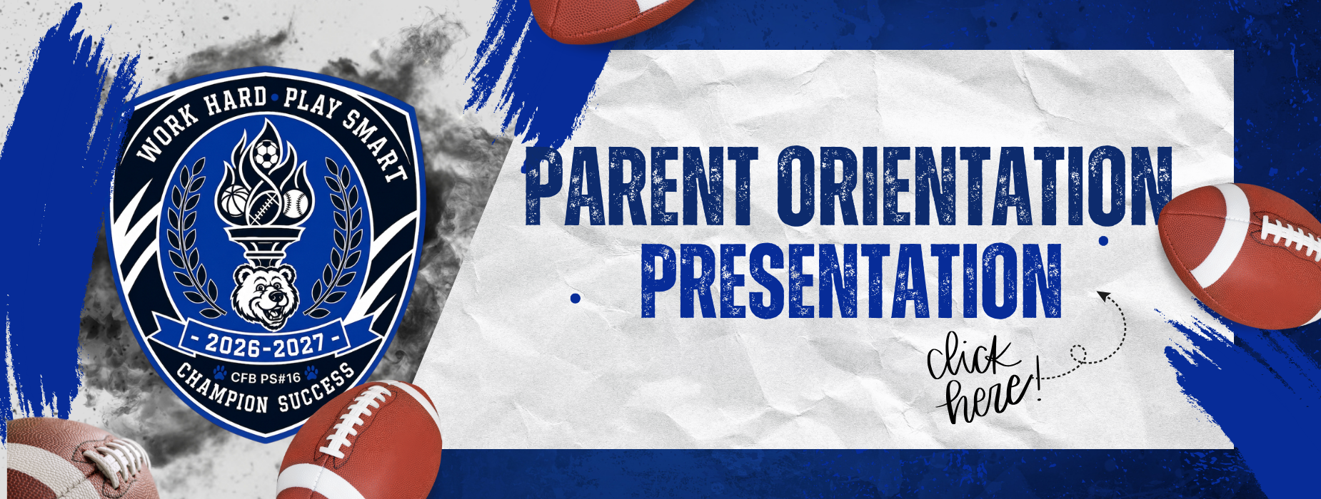 Shield emblem with text for parent orientation presentation and footballs.