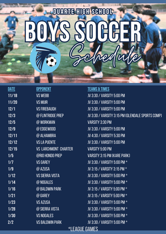 Boys soccer schedule for Duarte High School with dates and teams listed.
