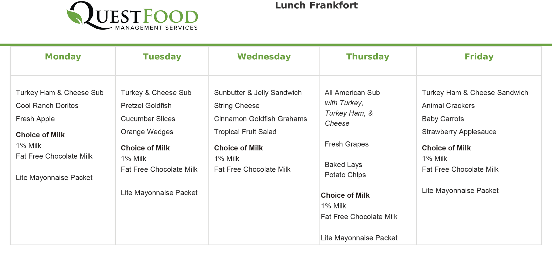 Weekly lunch menu for Quest Food Management Services.
