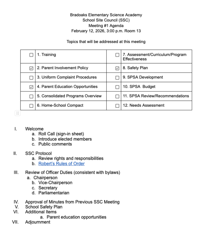 School Site Council Meeting Thursday, February 12, 2026 in Room 13 Featured Photo