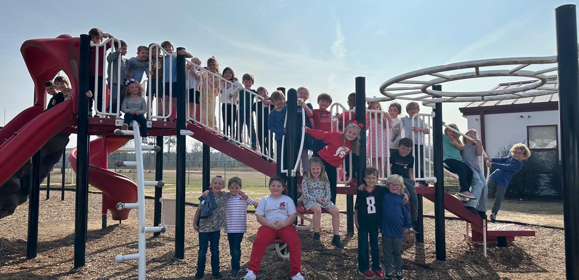 Large group of children playing on a playground structure.