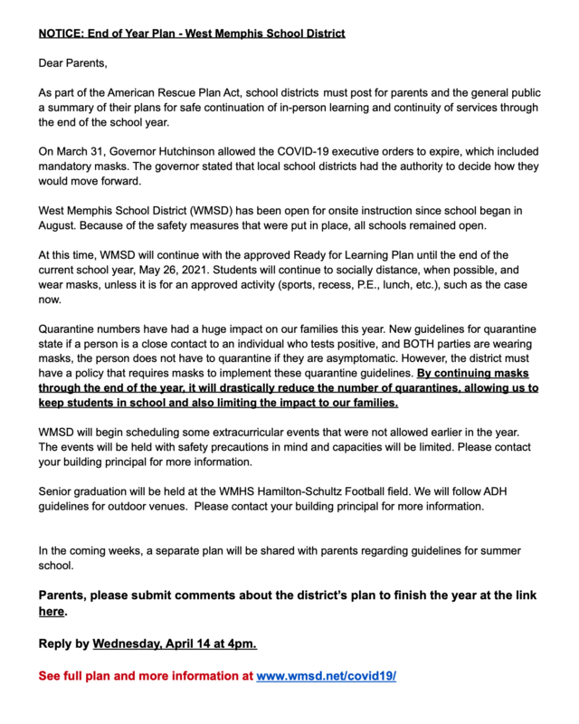 WMSD NOTICE - End of Year Plan for Onsite Instruction. See www.wmsd.net/covid19/
