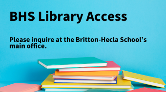 Colorful stacked books with text about BHS Library Access and inquiry details.