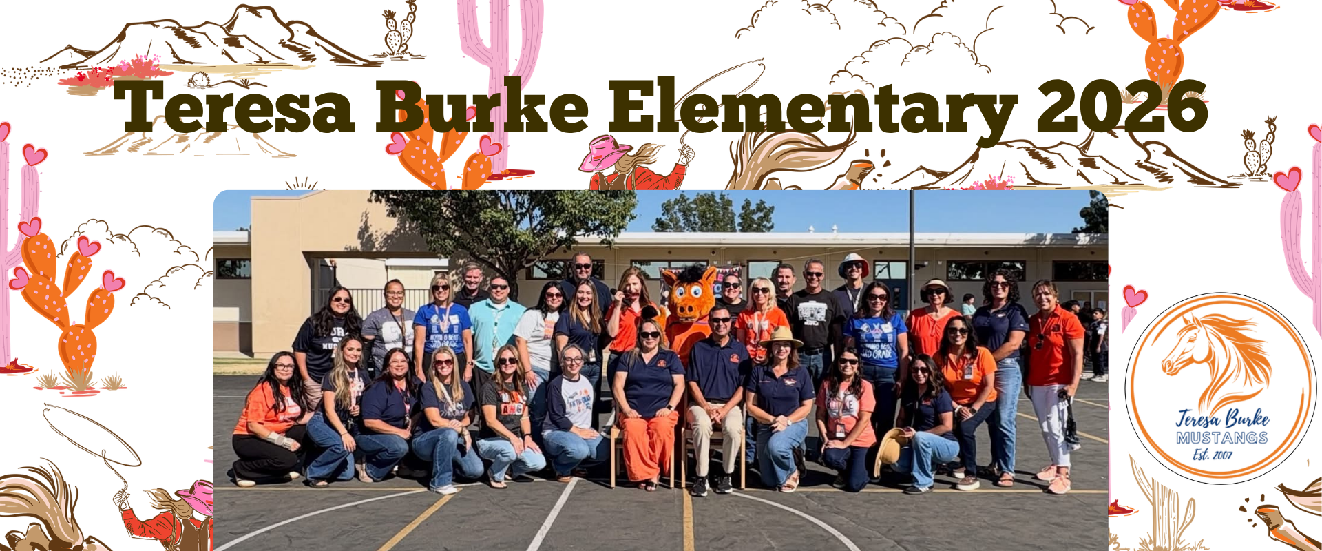 Group photo of Teresa Burke Elementary staff with a mascot in a festive setting.