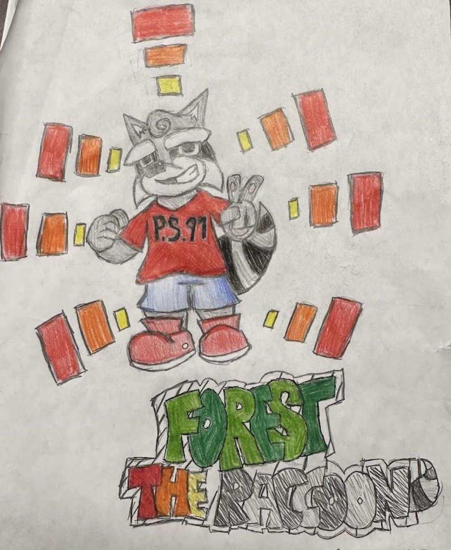 Hand-drawn raccoon character in similar attire with colored background elements.