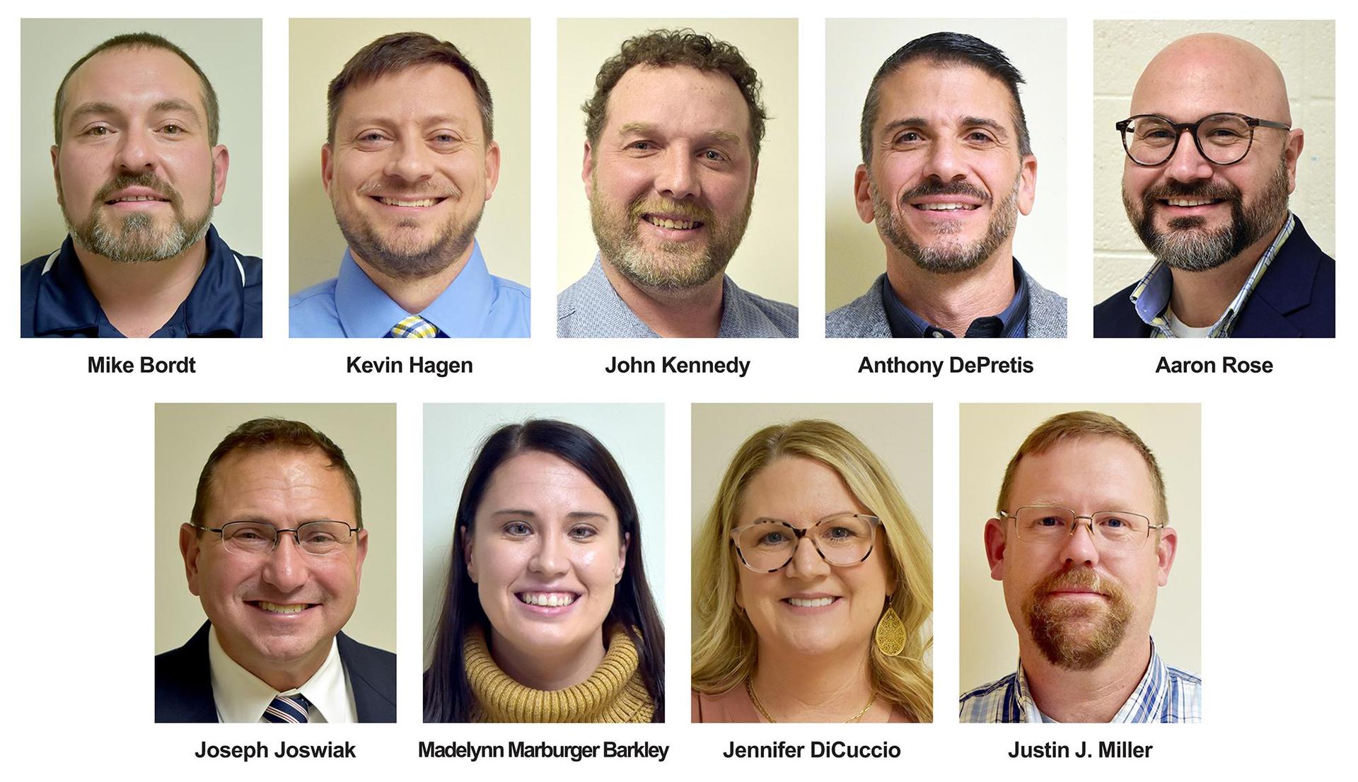Nine professional headshots of male and female individuals with varying expressions.