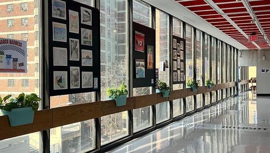 Long corridor with glass windows, art displays on the walls, and potted plants.