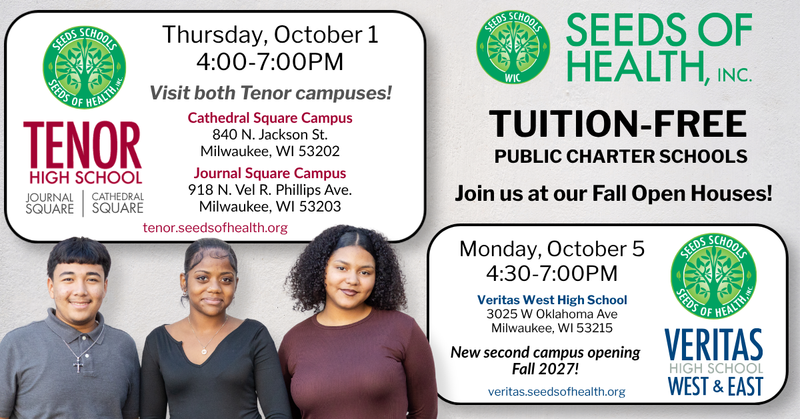 Graphic advertising the Fall Open Houses at Tenor and Veritas High Schools.