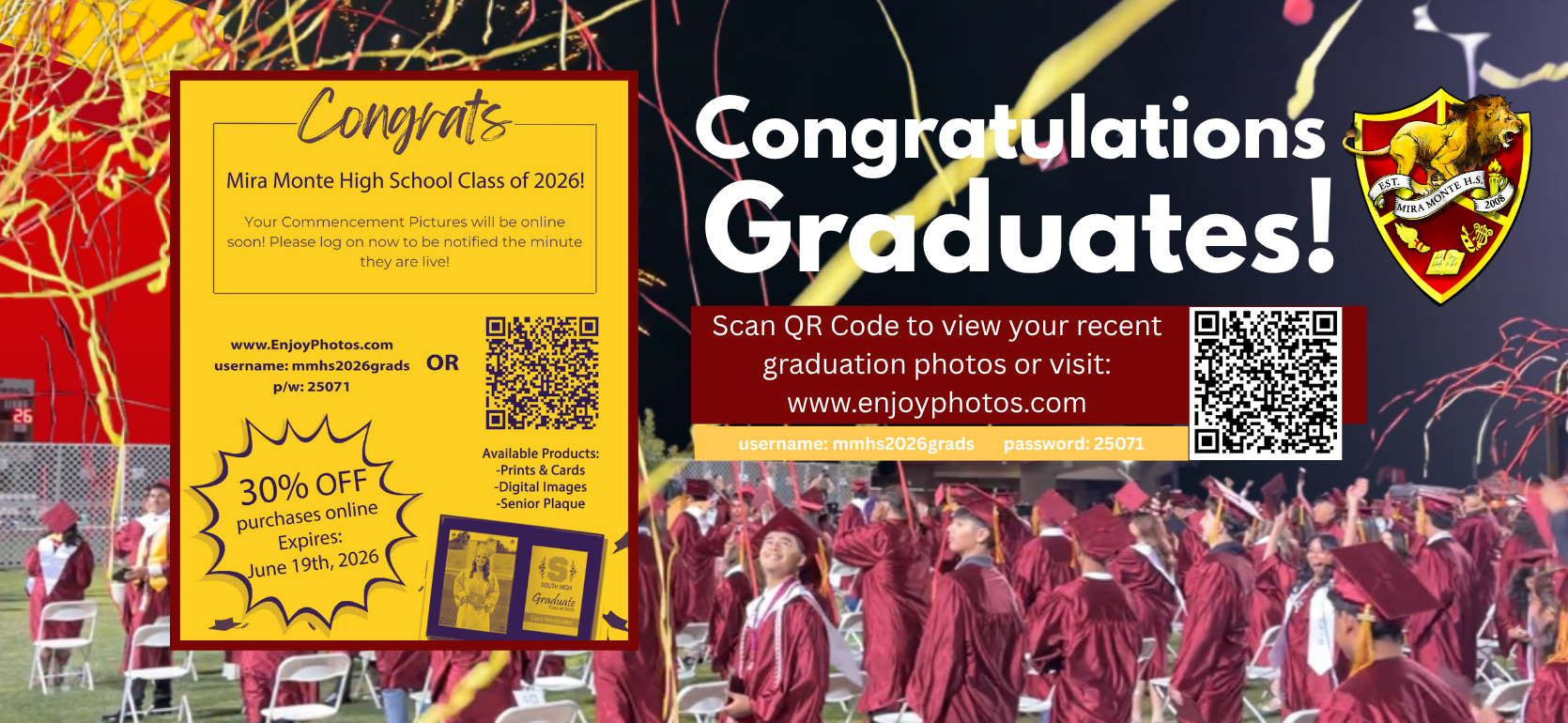 Graduation announcement with festive elements and QR codes for photos.