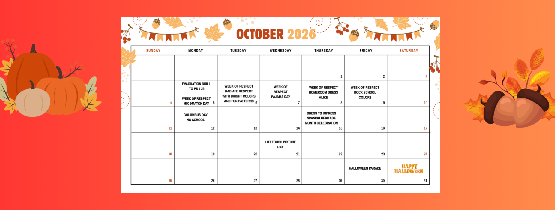 October 2026 calendar decorated with autumn leaves and pumpkins.