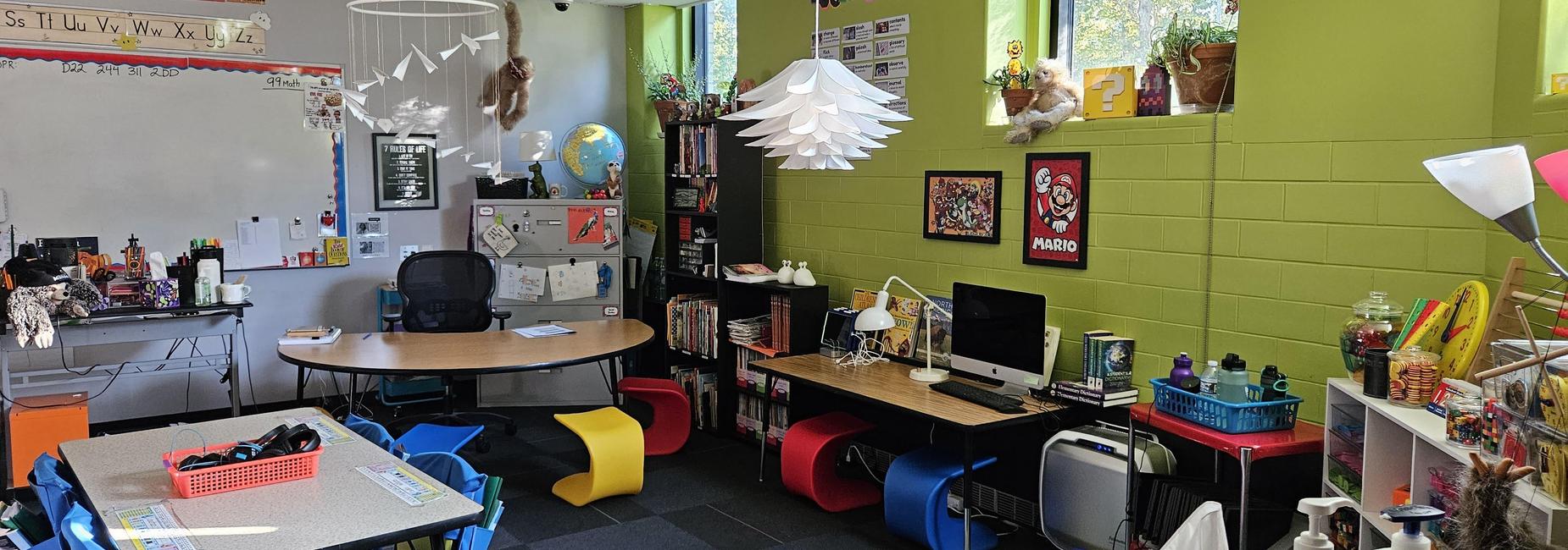 Picture of an empty classroom with a Mario theme