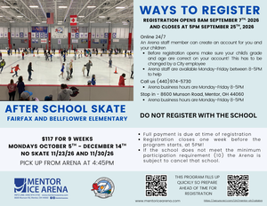 A flyer detailing registration for an after-school skating program with important information.