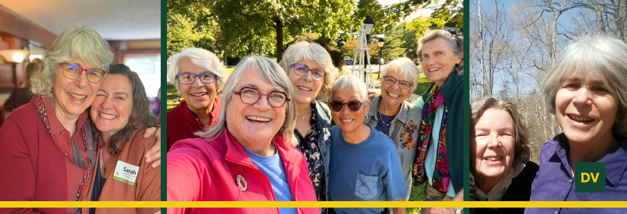 3 images of Irene McHenry smiling with friends