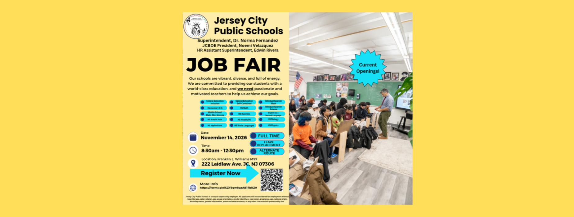 Job fair flyer featuring event details and a classroom with attendees.