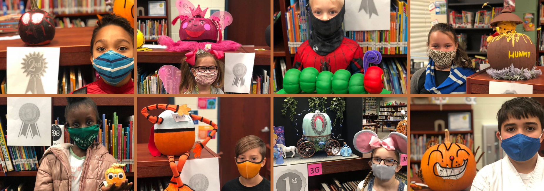 8 photos of students and their pumpkins decorated with storybook inspiration