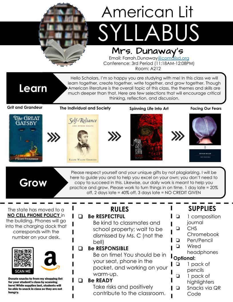 Mrs. Dunaway's English 3 Syllabus page 1