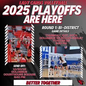 2025 UIL Volleyball Playoffs vs. Nixon-Smiley on Thursday, October 30 at 6:30 PM at Yoakum High School. Send off at 2:40 PM on the Courthouse Square. Ticket information will be shared soon