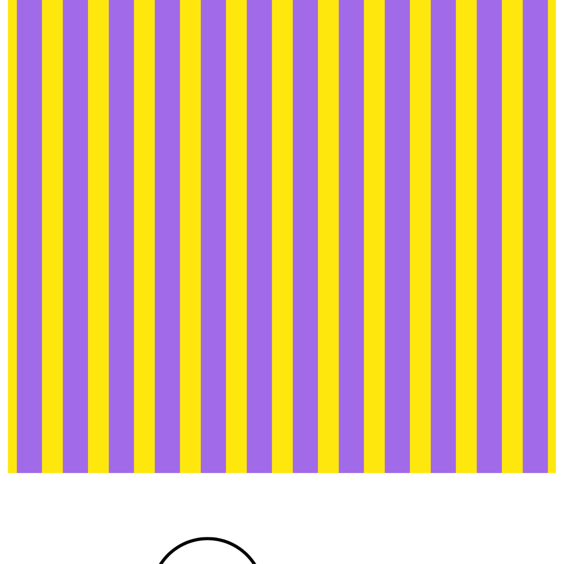 Stripes of purple and yellow fill the background with a circular black outline at the bottom.