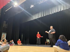 Sarah and Jason Young of The Rustic Mechanicals theater troupe provide a workshop for IHS students