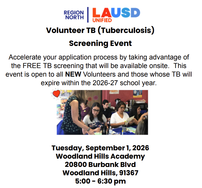 Volunteer TB Screening Event - Tuesday, 9/1/2026 @ Woodland Hills Academy Featured Photo