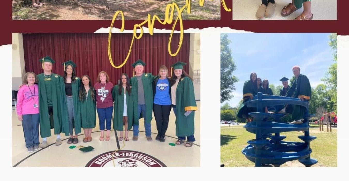 Graduates in green gowns pose outside Boomer-Ferguson Elementary with a sign.