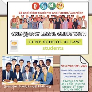 An event flyer promoting a legal clinic for students and guardians.