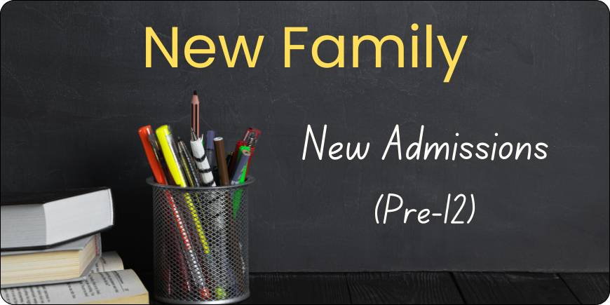 Blackboard background with text 'New Family New Admissions (Pre-K)' and a pencil holder.