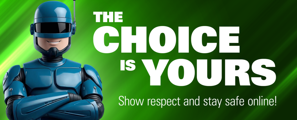 A friendly cartoon character promoting online safety and respect.
