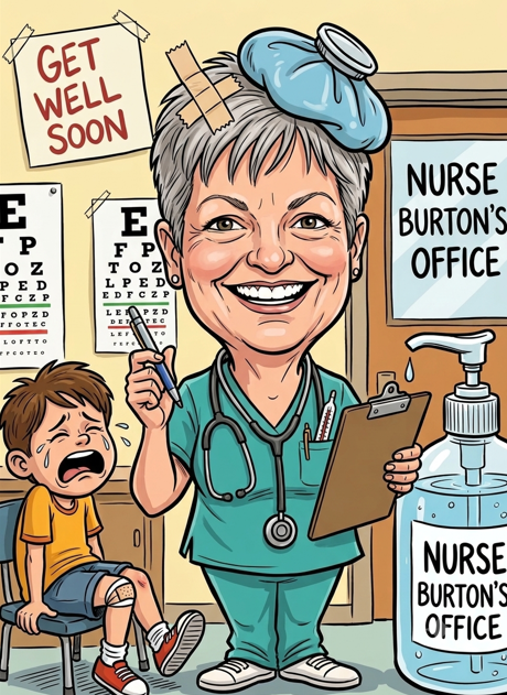 Smiling nurse with clipboard beside a crying child in a doctor's office.
