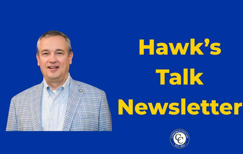 Graphic with CCISD logo, headshot of Dr. Brent Hawkins. Hawk's Talk Newsletter.