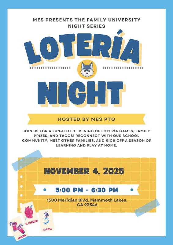 Lotería Night event flyer featuring games, family prizes, and a date and location.