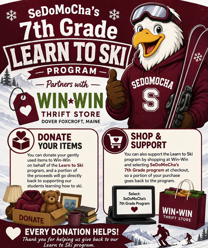 Flyer about the learn to ski program and partnership with Win Win Thrift Store