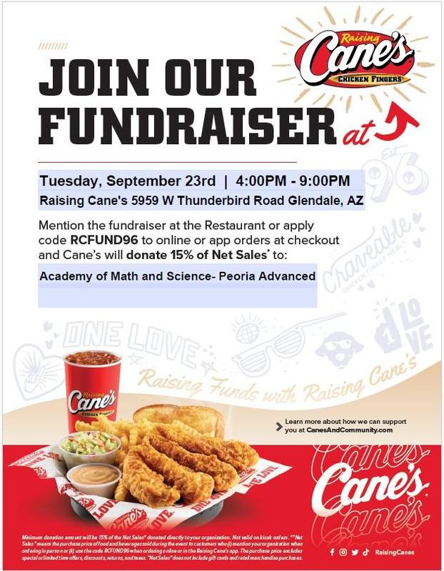 RAISING CANES FUNDRAISER Tuesday, Sept 23rd, 5959 W Thunderbird Road Glendale, AZ 4:00 p.m. - 9:00 p.m.