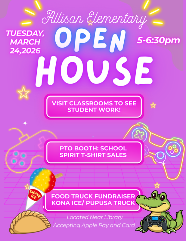 Allison Gators—See you at Open House on March 24  - English text image for web