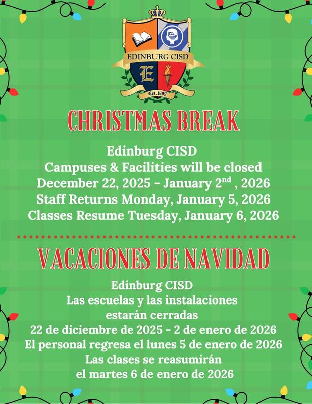 Christmas Break December 22-Jan. 5th Classes resume Jan. 6th