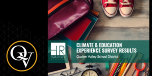 Image shows the opening slide to the Hanover Research Climate & Education Experience Survey Results as well as the QV logo.
