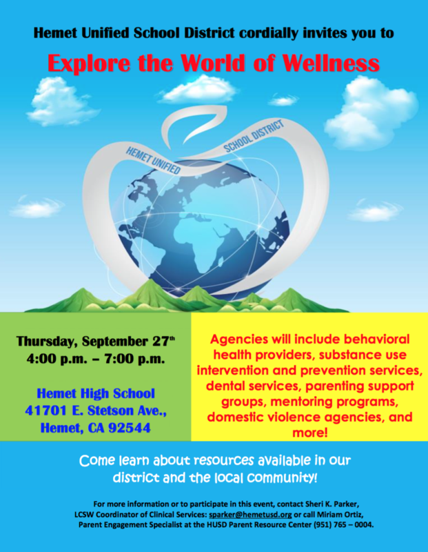 Resource Fair on September 27 from 4:00-7:00 at Hemet High School.