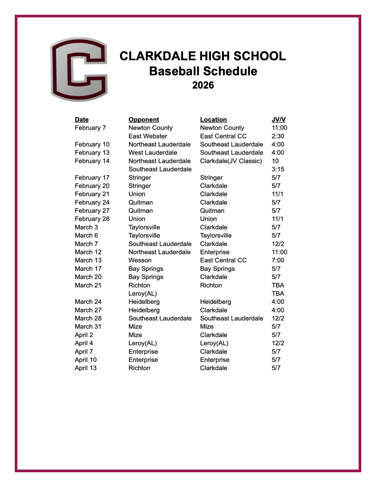 2026 Baseball Schedule