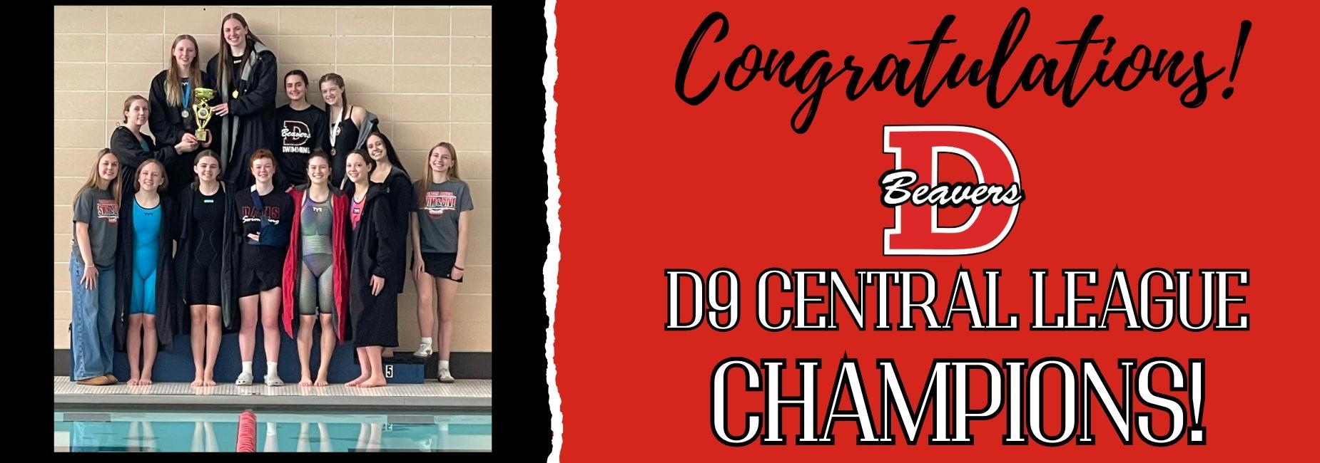 Congratulations DAHS Girls Swimming D9 Central League Champions.  Photo of the team with the trophy.