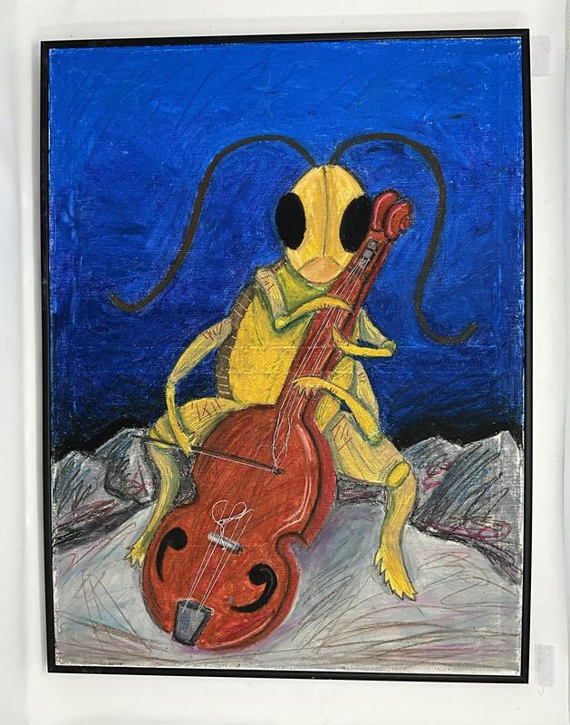Painting with a blue background of yellow grasshopper playing a cello.