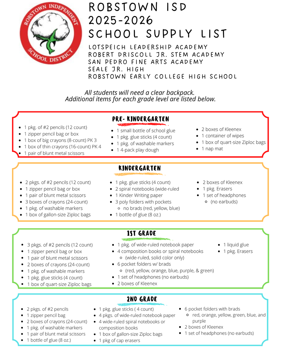 School supply list for Robstown ISD for various grades with colored sections.