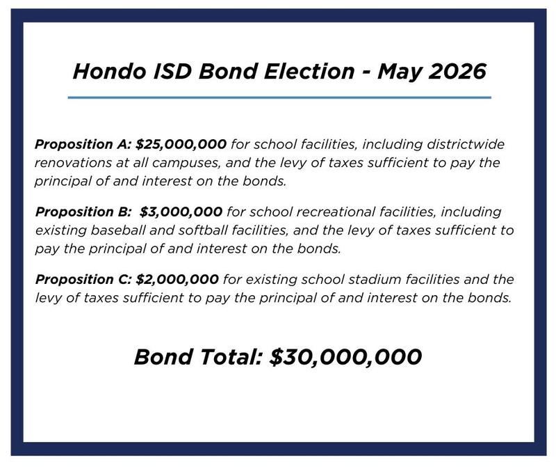 Hondo ISD Bond Election will have 3 propositions. Visit the bond website for more information.