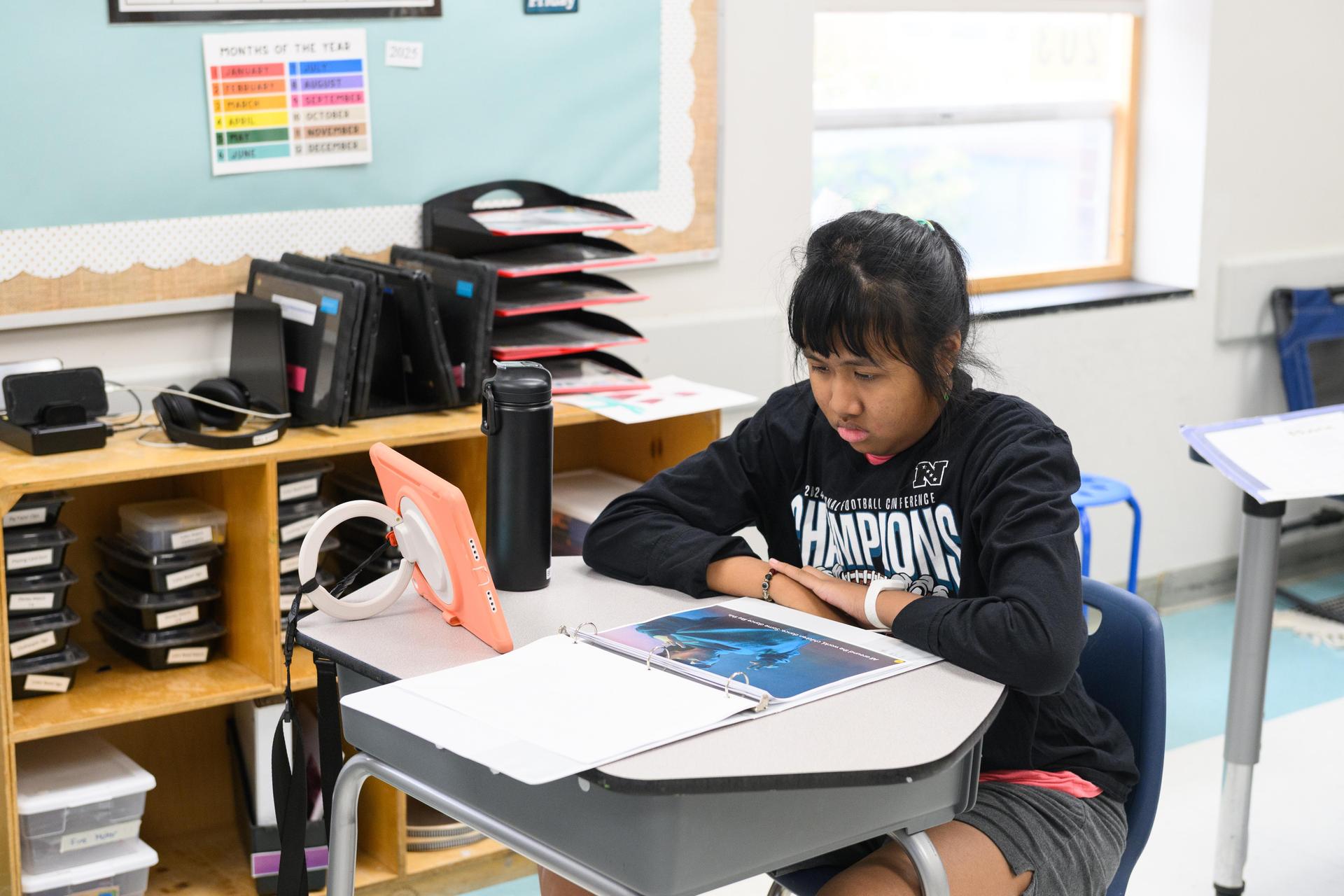 Student at desk wearing blue shirt and doing assignment.