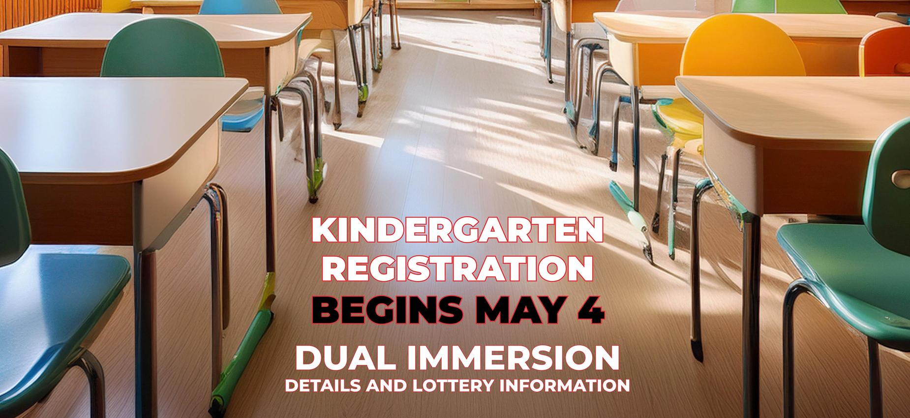 Classroom with colorful chairs and tables, advertising kindergarten registration.